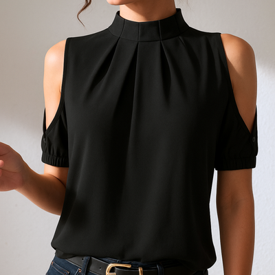 Grace - Black Pleated Blouse With Split Sleeves
