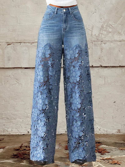 Bibi - Women’s Mid-Rise Lace Patchwork Jeans With Button Fastening