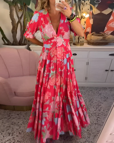 Katy - Flower Print V-neck Pocket Dress