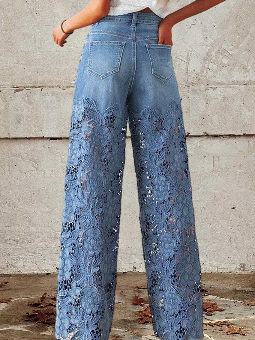 Bibi - Women’s Mid-Rise Lace Patchwork Jeans With Button Fastening