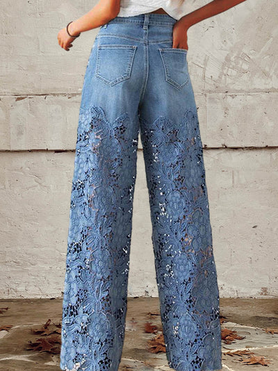Bibi - Women’s Mid-Rise Lace Patchwork Jeans With Button Fastening