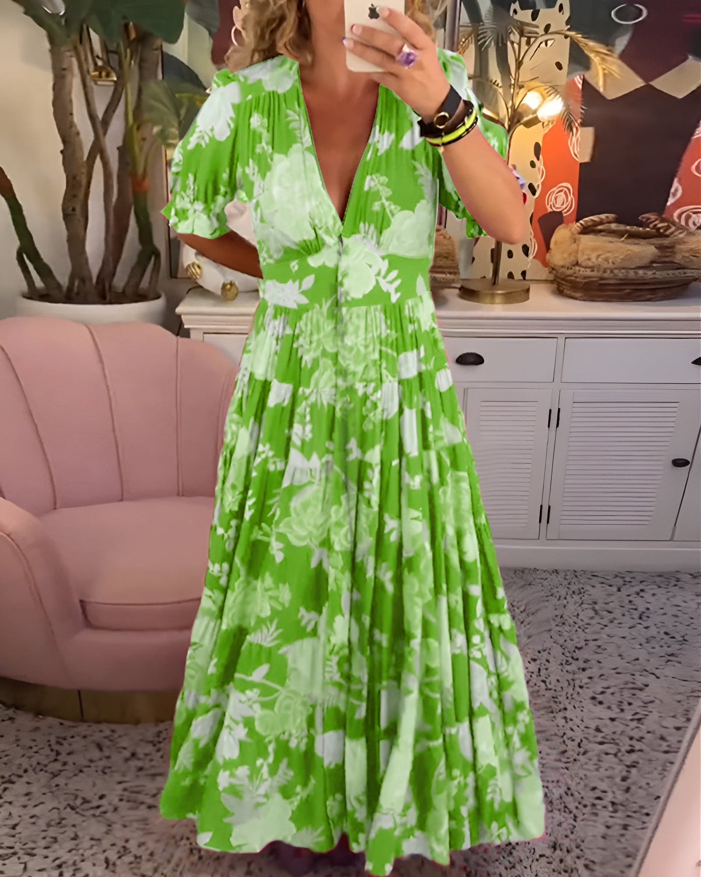 Katy - Flower Print V-neck Pocket Dress