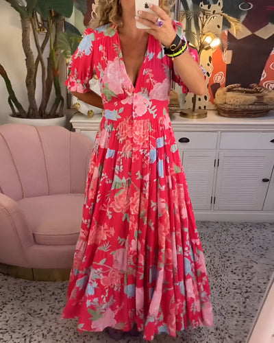 Katy - Flower Print V-neck Pocket Dress