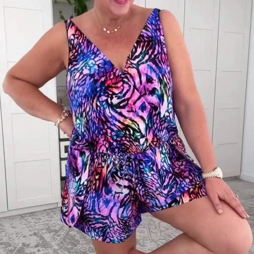 Cristy - Sleeveless swimming costume with print and v-neckline