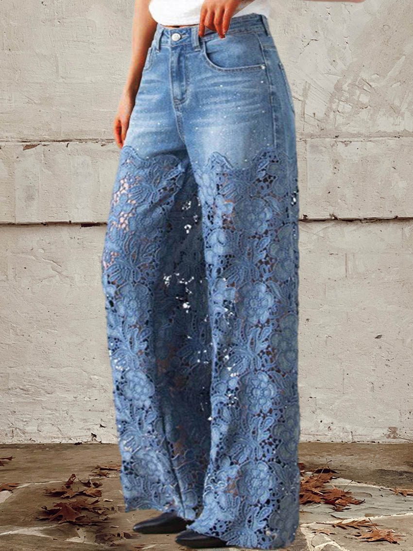 Bibi - Women’s Mid-Rise Lace Patchwork Jeans With Button Fastening