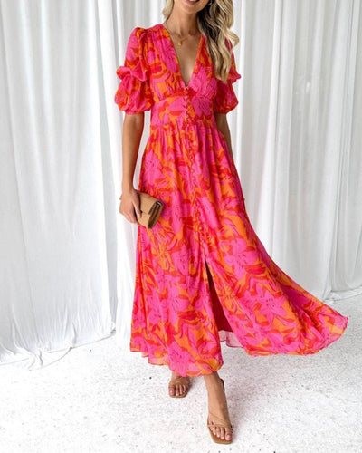 Angel - Elegant V-Neck Puff Sleeve Dress