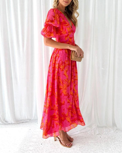 Angel - Elegant V-Neck Puff Sleeve Dress