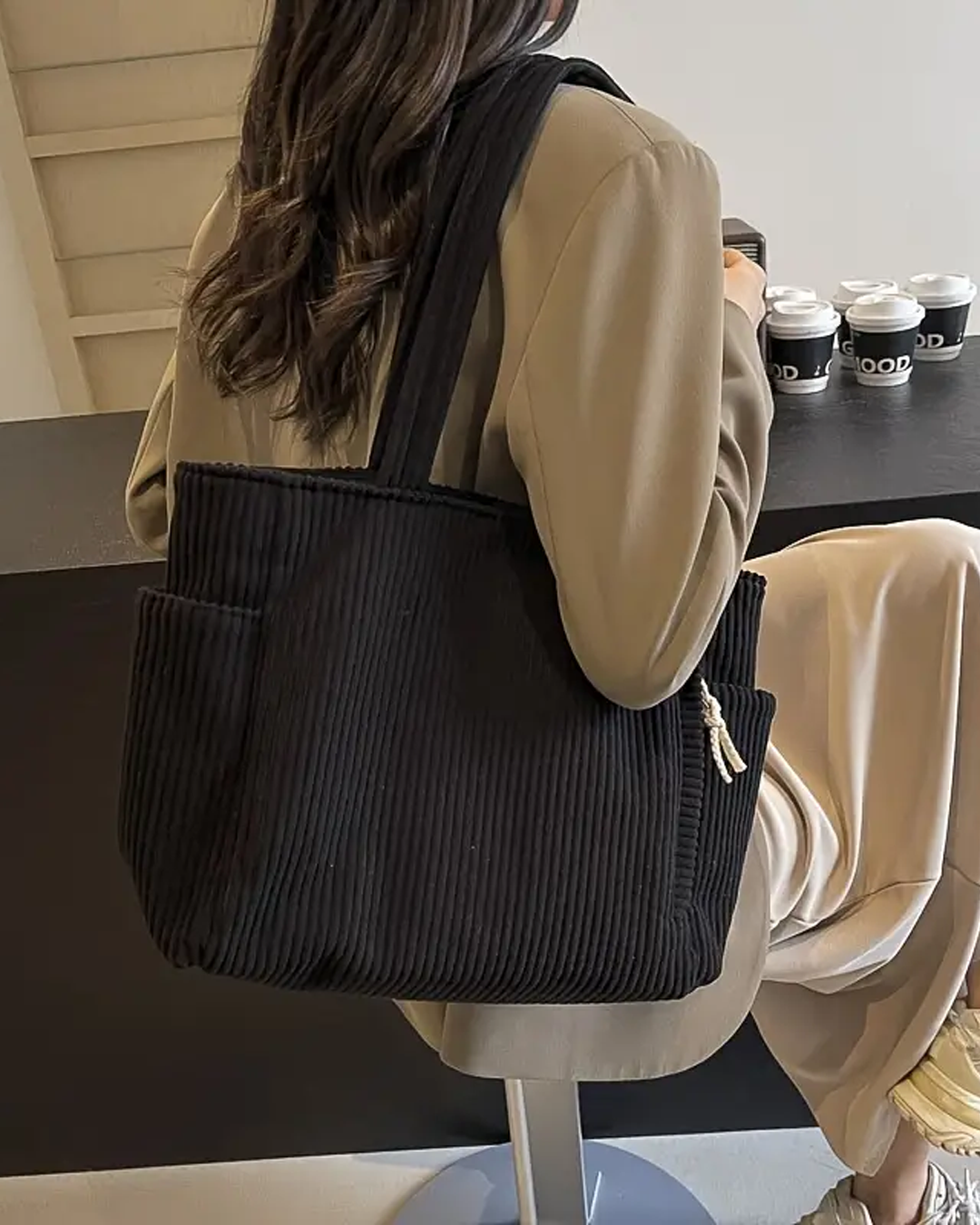 Mya – Ribbed Tote Bag with Cord Detail