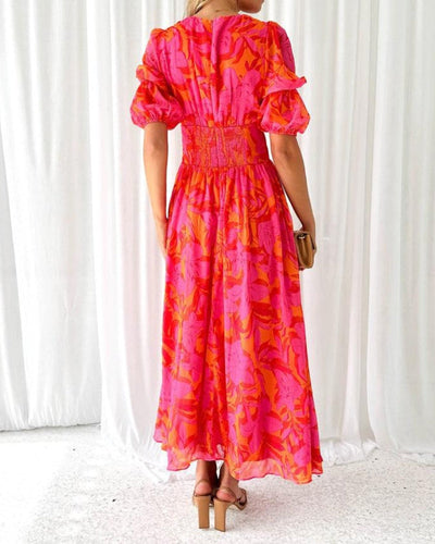 Angel - Elegant V-Neck Puff Sleeve Dress