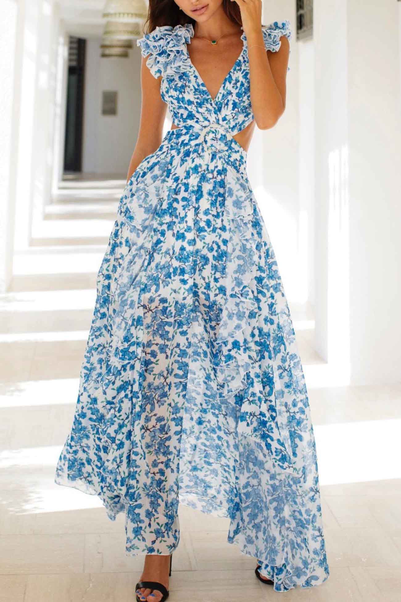 Adriana - Ruffle Sleeve Cut-Out Maxi Dress