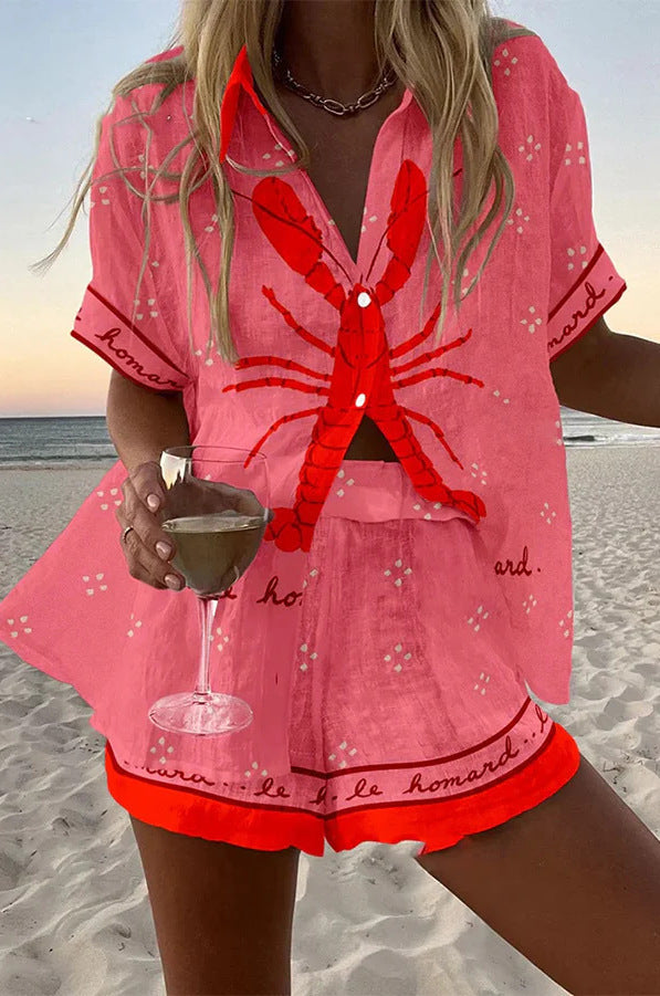 Clara - Pink Lobster Linen Short Set