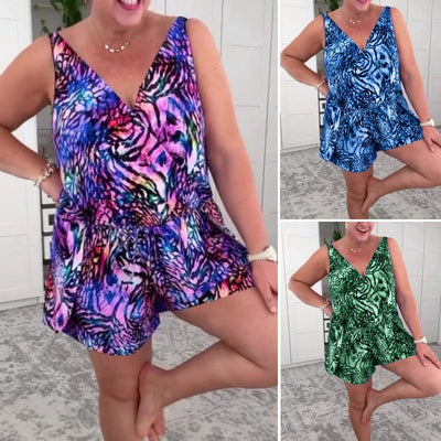 Cristy - Sleeveless swimming costume with print and v-neckline
